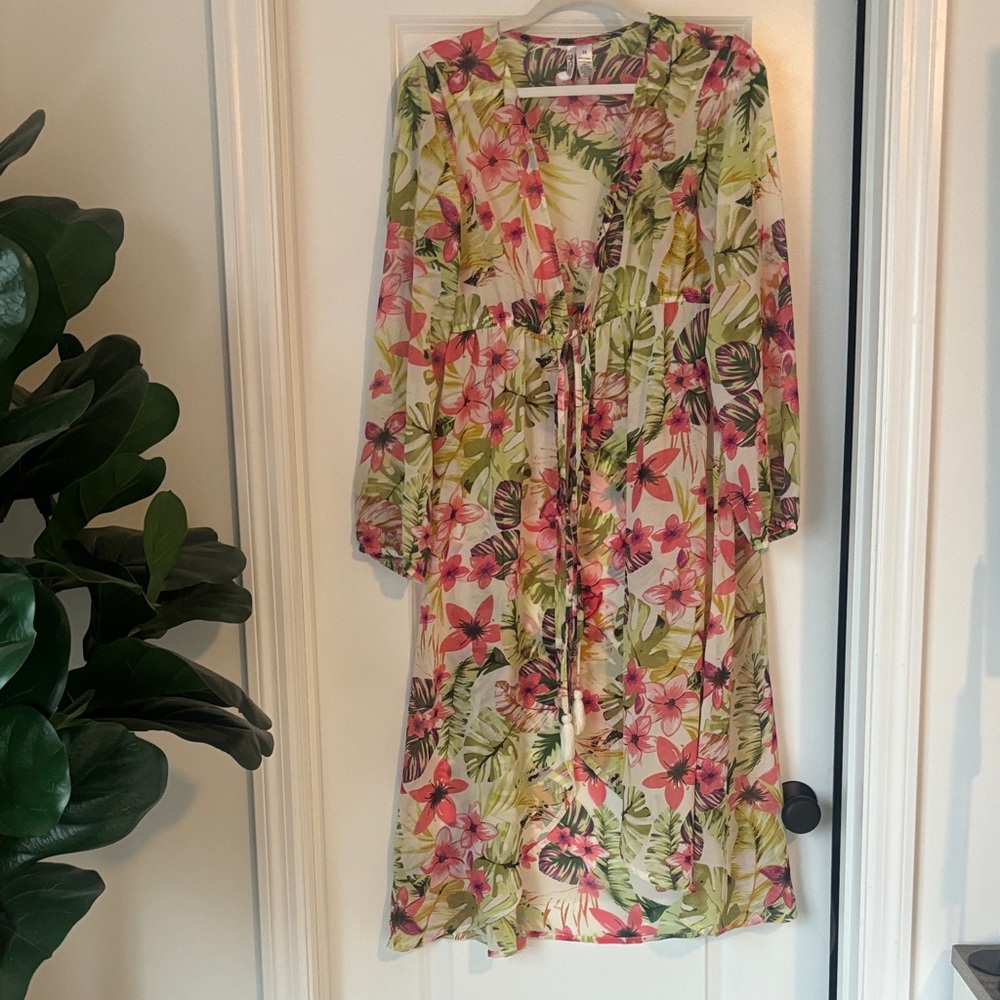 Floral Long Sleeve Tassel Tie-Front Beach Cover-Up Dress - Pink & Green